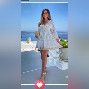 White Eyelet V-Neck Mini Dress with Gold Trim